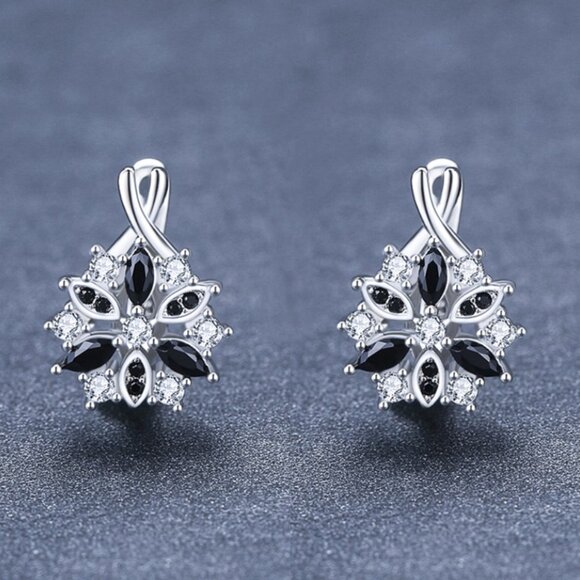 Black & Silver Flower Hoop Earrings - Picture 2 of 5